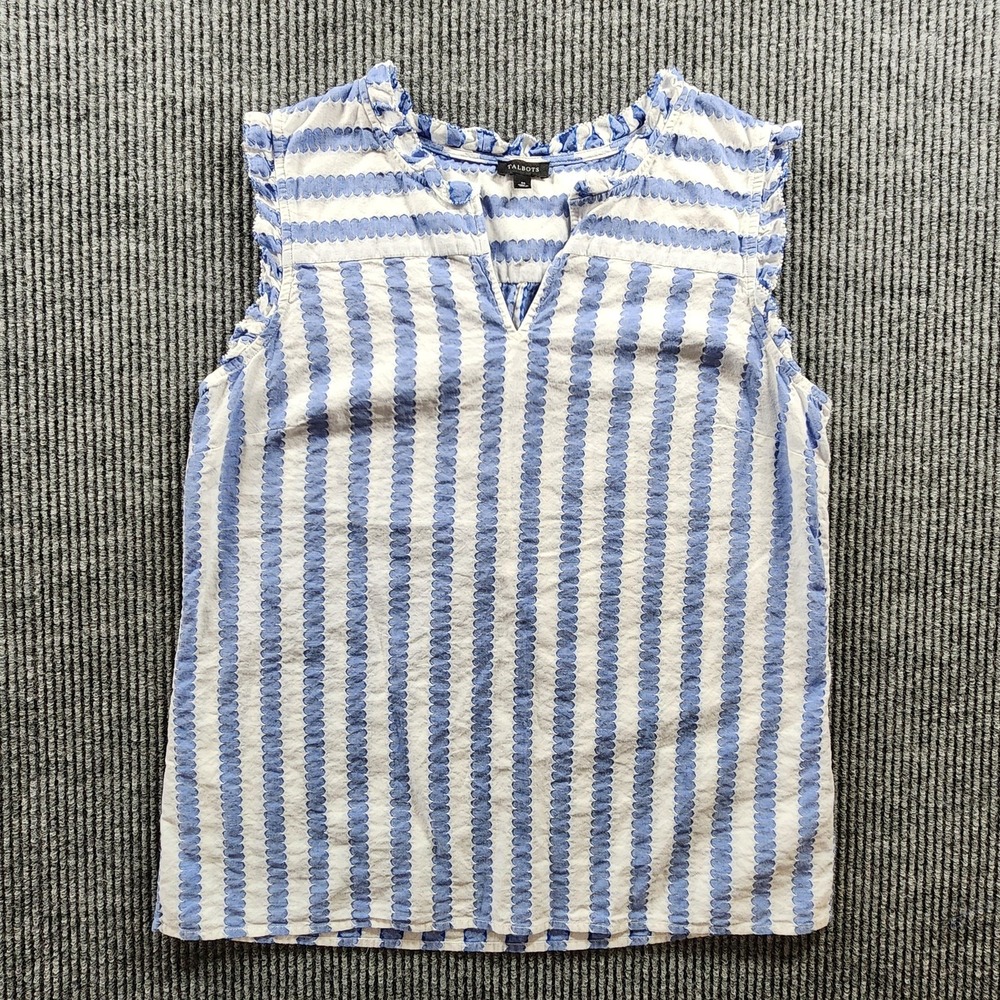 Talbots Tank Top Womens Medium Blue White Striped Ruffle Sleeveless V Neck